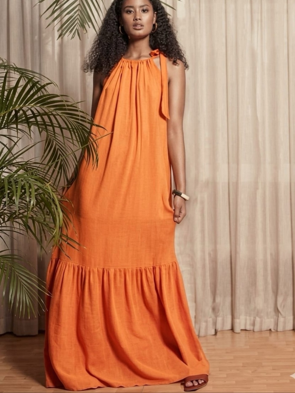 Diarrablu Gnoor Papaya Orange Satin Halter Dress XS Tiered Ruffle Boho Resort